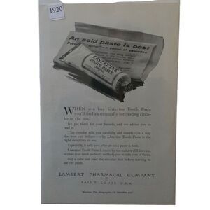Vintage 1920 Listerine An Acid Paste is Best Ad Advertisment